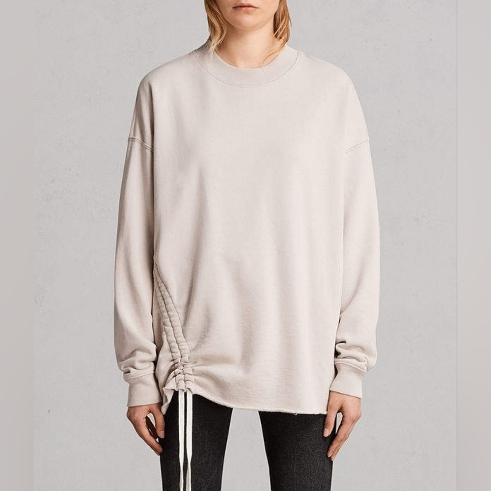 AllSaints Able Sweatshirt Beige Drawstring Ruched Side Oversize XS indie sleaze